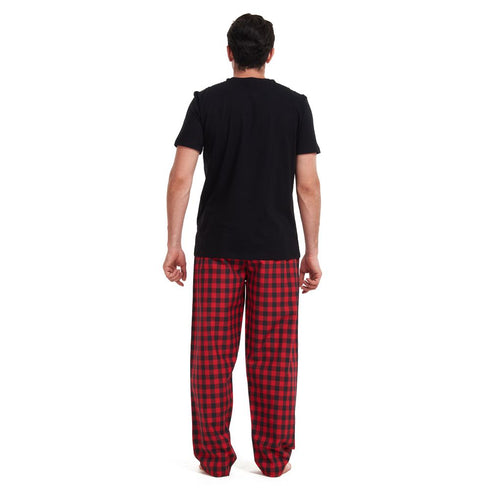Men summer pajama set Black T-shirt +Red checkered pants